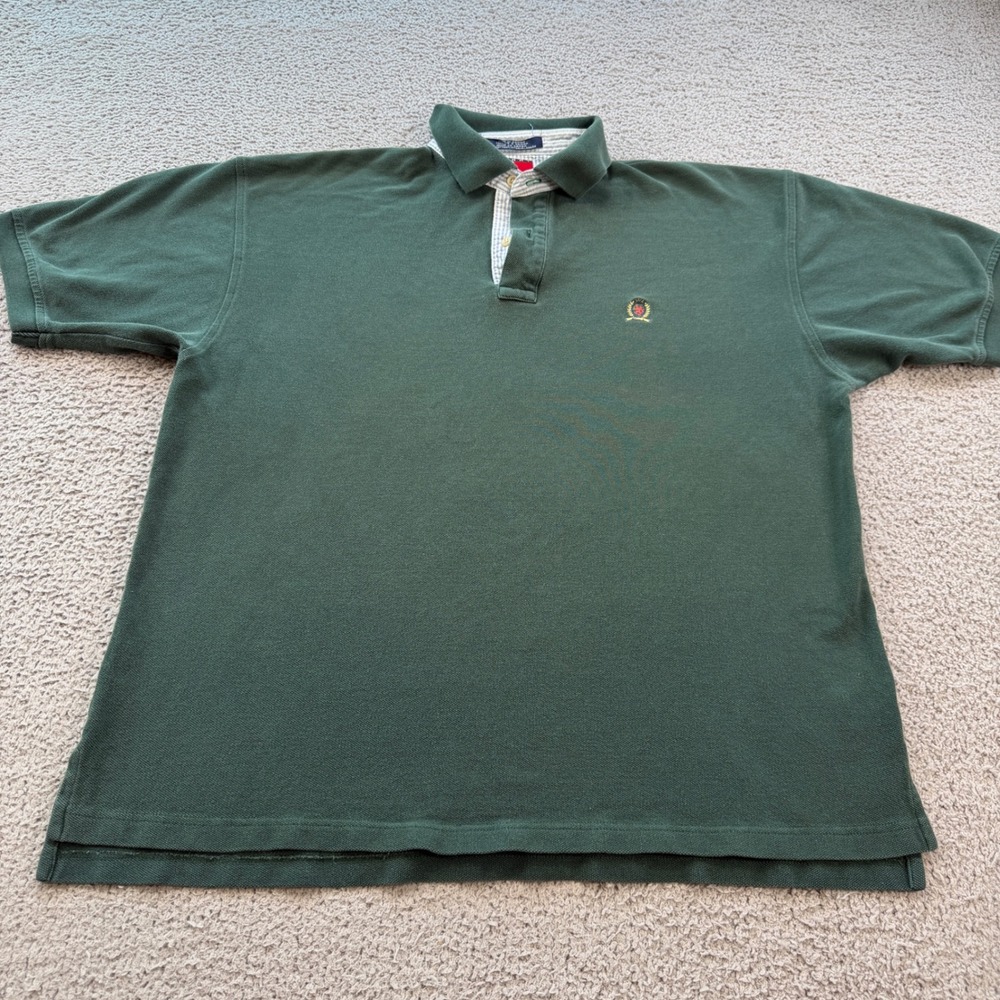 Vintage Tommy Hilfiger Men Green Pique Polo Shirt L 90s Striped Collar Saipan